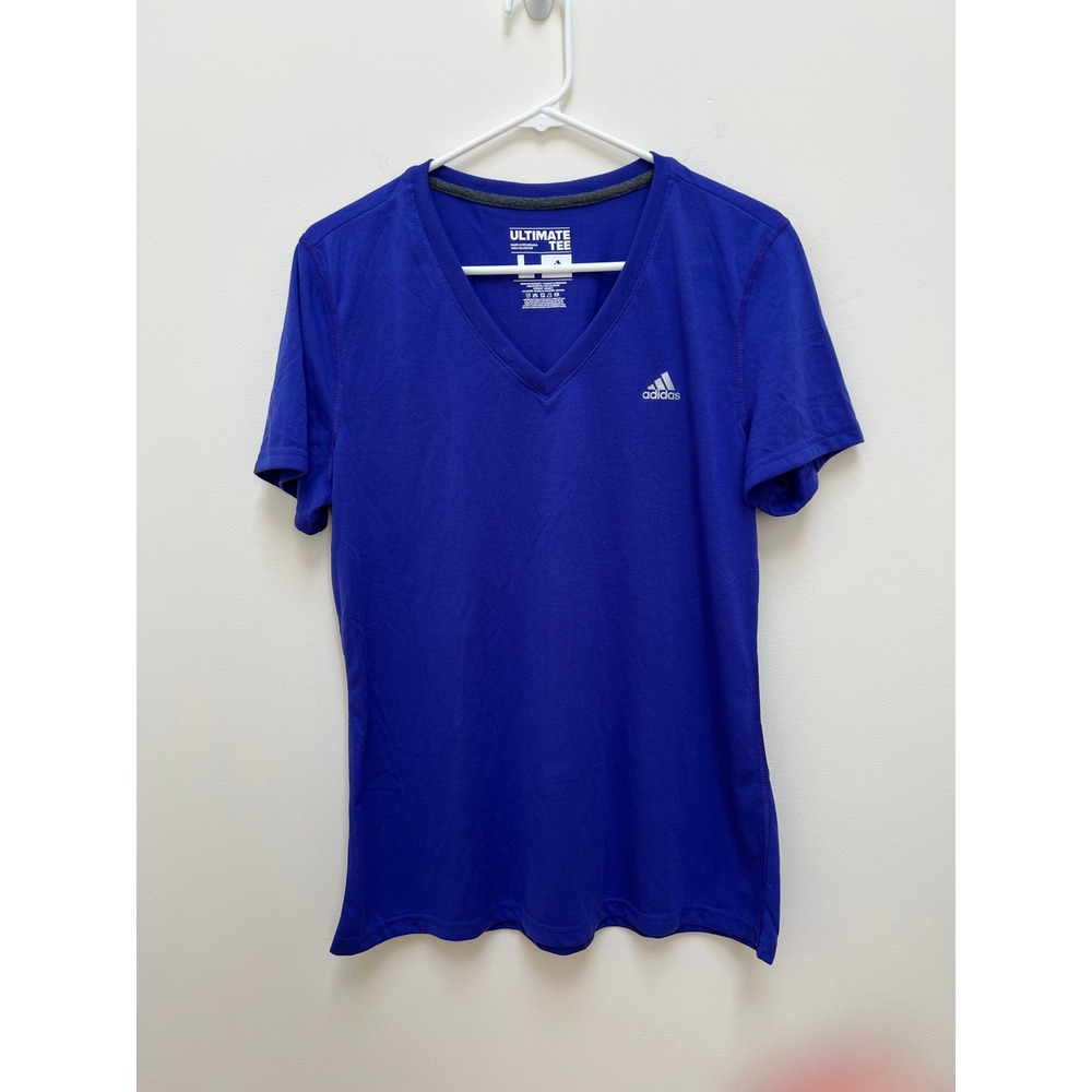Adidas Shirt Womens Large Blue Ultimate Tee V-Neck Climalite Short Sleeve Gym